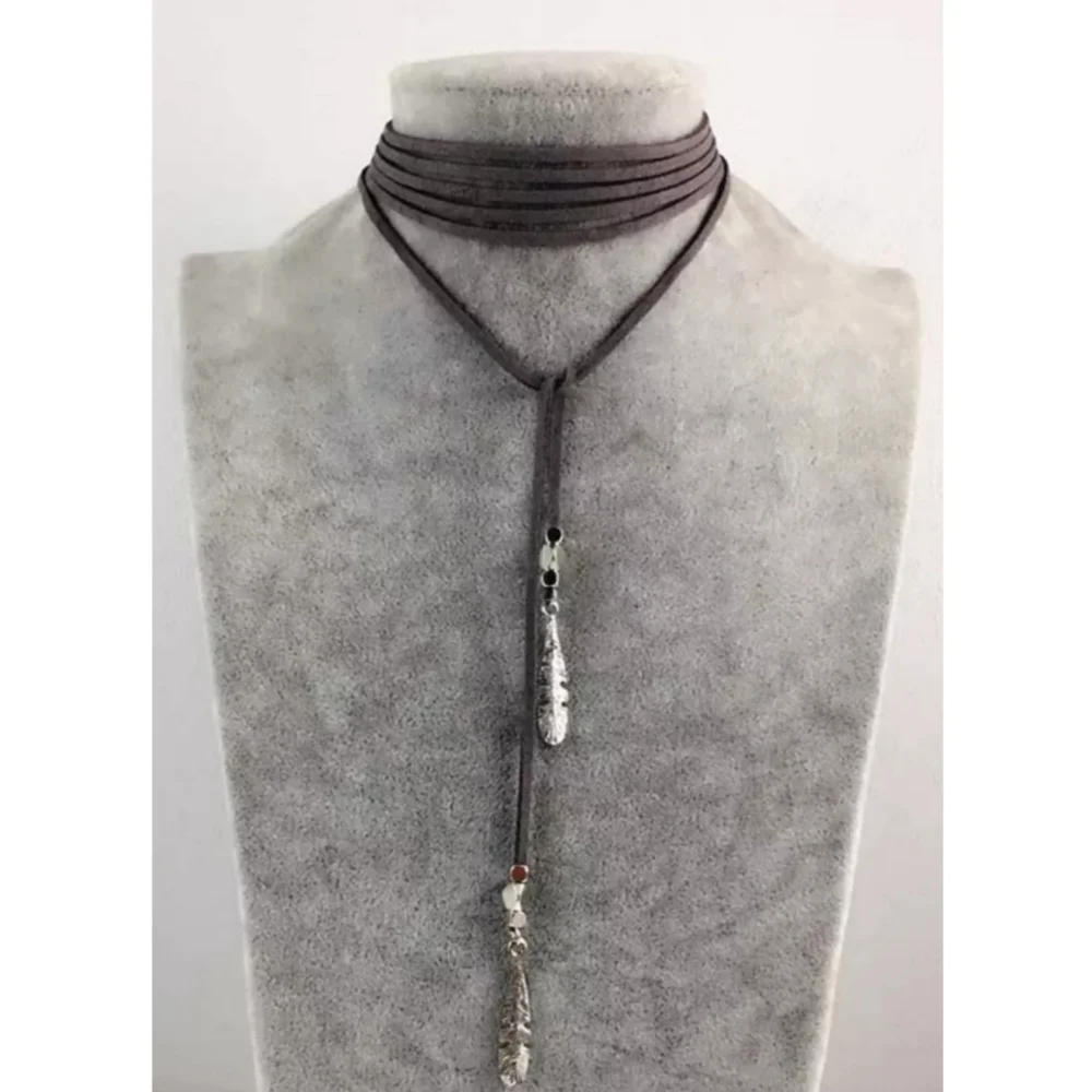 Vegan Leather Feather Long Wrap Necklace Choker - Picture 1 of 4